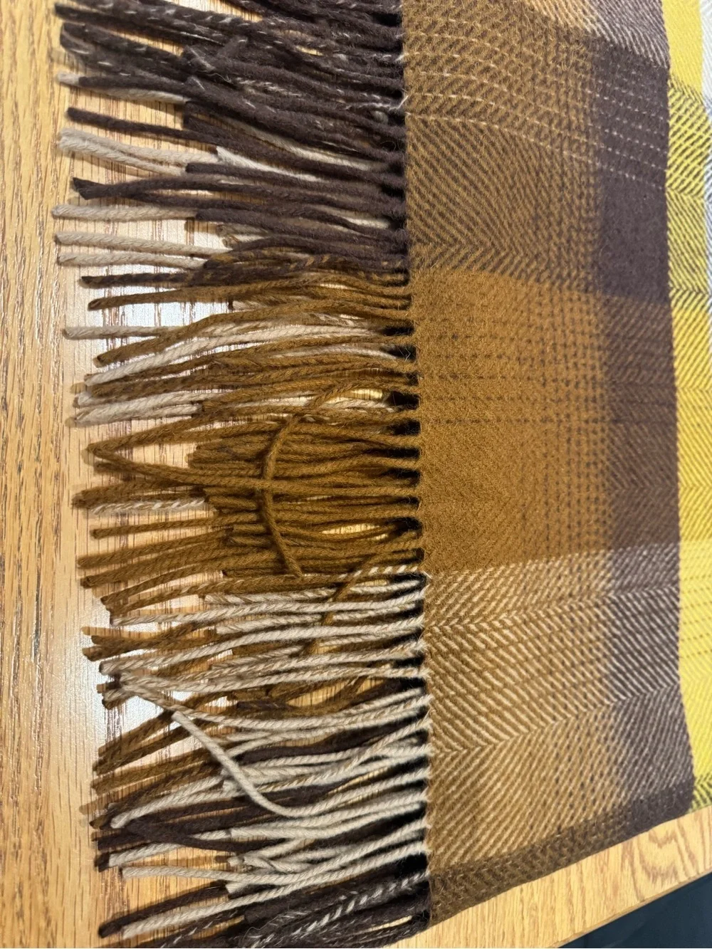 NWT Wool Plaid Throw Blanket in Mustard, Brown & Cream with Fringe Edges 72x56